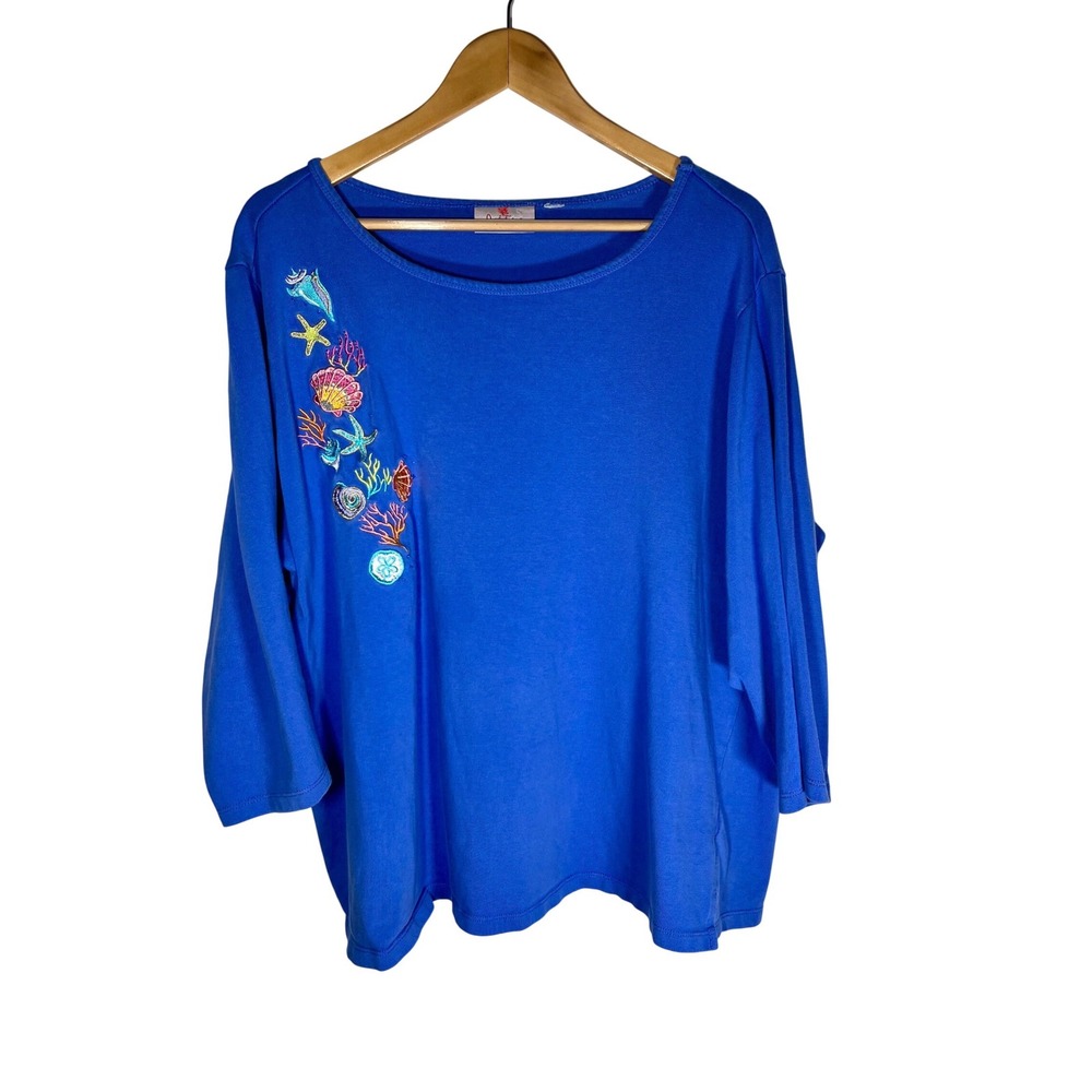 Quacker Factory Sea Life Embroidered Top Womens 2X Blue 3/4 Sleeve Scoop Neck
